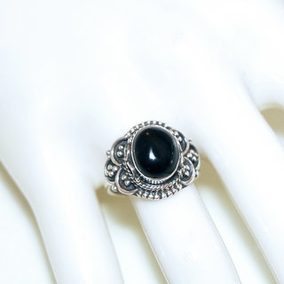 Bijoux ethniques Indiens bague en argent 925 massif femme pierre fine ovale filigranes Onyx noir - Inde 328S b