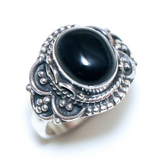 Bijoux ethniques Indiens bague en argent 925 massif femme pierre fine ovale filigranes Onyx noir - Inde 328S a