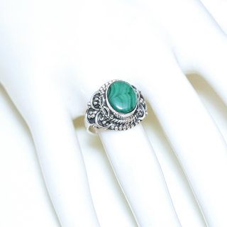 Bijoux ethniques Indiens bague en argent 925 massif femme pierre fine ovale filigranes Malachite vritable verte - Inde 328S b