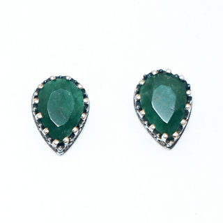 Bijoux Indiens Ethniques boucles d'oreilles argent 925 massif femme et pierre fine corindon Emeraude vert fonc clous goutte filigranes facettes - Inde 109a