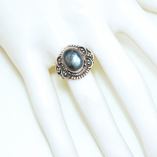 Bijoux ethniques Indiens bague en argent 925 massif femme pierre fine Labradorite gris vet kaki iris filigranes - Inde 328Mb