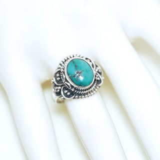 Bijoux ethniques Indiens bague en argent 925 massif femme pierre fine Turquoise vritable naturelle ovale filigranes - Inde 328Mb