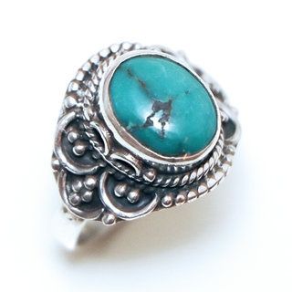 Bijoux ethniques Indiens bague en argent 925 massif femme pierre fine Turquoise vritable naturelle ovale filigranes - Inde 328Ma