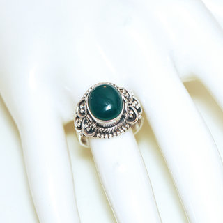 Bijoux ethniques Indiens bague en argent 925 massif femme pierre fine Agate verte fonc ovale filigranes - Inde 328Mb