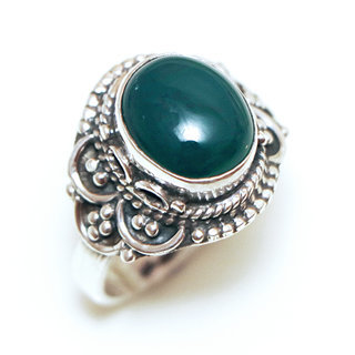 Bijoux ethniques Indiens bague en argent 925 massif femme pierre fine Agate verte fonc ovale filigranes - Inde 328Ma