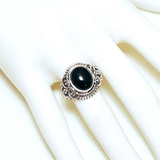 Bijoux ethniques Indiens bague en argent 925 massif femme pierre fine Onyx noir fonc ovale filigranes - Inde 328Mb