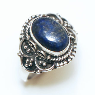 Bijoux ethniques Indiens bague en argent 925 massif femme pierre fine  Lapis Lazuli bleu fonc ovale filigranes - Inde 328Ma