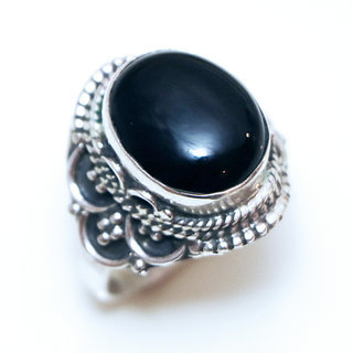 Bijoux ethniques Indiens bague en argent 925 massif femme pierre fine Onyx noir fonc ovale filigranes - Inde 328Lb