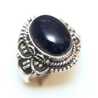 Bijoux ethniques Indiens bague en argent 925 massif femme pierre fine Amthyste violet mauve ovale filigranes  - Inde 328La