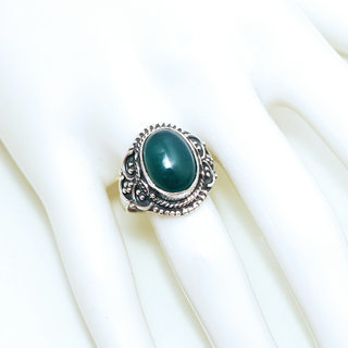 Bijoux ethniques Indiens bague en argent 925 massif femme pierre fine Agate verte fonc ovale filigranes  - Inde 328Lb