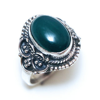 Bijoux ethniques Indiens bague en argent 925 massif femme pierre fine Agate verte fonc ovale filigranes  - Inde 328La