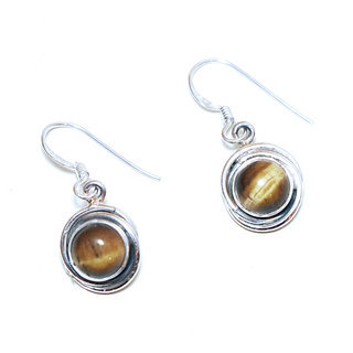 Bijoux Indiens Ethniques boucles d'oreilles argent 925 massif femme et pierre fine Oeil de Tigre marron rondes spirales - Inde 126a