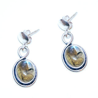 Bijoux Indiens Ethniques boucles d'oreilles argent 925 massif femme et pierre fine Labradorite gris vert kaki ovales spirales clous - Inde 134a