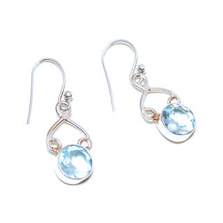 Bijoux Indiens Ethniques boucles d'oreilles argent 925 massif femme et pierre fine Topaze bleue clair facettes rondes ajoures - Inde 138a