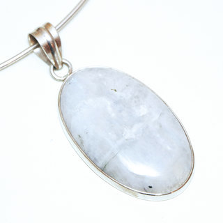 Bijoux Indiens Ethniques pendentif argent 925 massif femme et pierre fine Pierre de Lune blanc nacr grand ovale long - Inde 191a