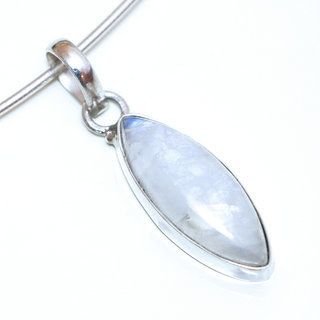 Bijoux Indiens Ethniques pendentif argent 925 massif femme et pierre fine Pierre de Lune blanc nacr tombante longue marquise navette - Inde 203a