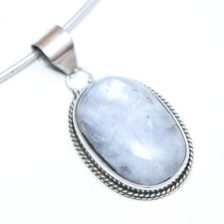 Bijoux Indiens Ethniques pendentif argent 925 massif femme et pierre fine Pierre de Lune blanc nacr ovale filigranes - Inde 205a