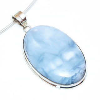 Bijoux Indiens Ethniques pendentif argent 925 massif femme et pierre fine Calcdoine bleue claire grand ovale marbr - Inde 214 a