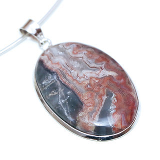 Bijoux Indiens Ethniques pendentif argent 925 massif femme et pierre fine Agate folle grand ovale marbr ray orange marron gris - Inde 217a