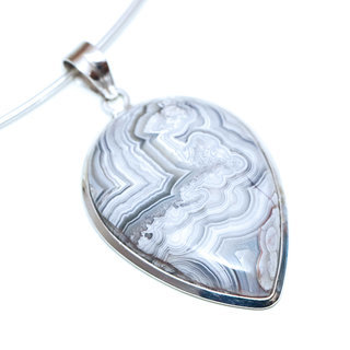 Bijoux Indiens Ethniques pendentif argent 925 massif femme et pierre fine Agate folle grande goutte marbr ray blanc gris - Inde 218a