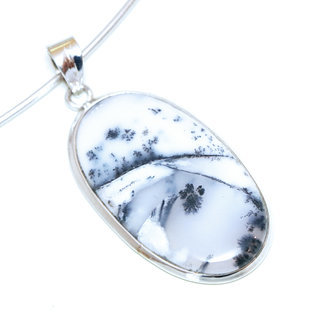 Bijoux Indiens Ethniques pendentif argent 925 massif femme et pierre fine Agate mousse blanc noir long ovale - Inde 234a