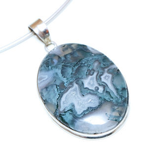 Bijoux Indiens Ethniques pendentif argent 925 massif femme et pierre fine Agate mousse vert bleu blanc ovale transparent - Inde 237a