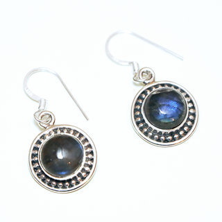 Bijoux Indiens Ethniques boucles d'oreilles argent 925 massif femme et pierre fine Labradorite gris vert kaki rondes filigranes - Inde 140a