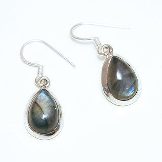 Bijoux Indiens Ethniques boucles d'oreilles argent 925 massif femme et pierre fine Labradorite gris vert kaki petites gouttes tombantes - Inde 141a