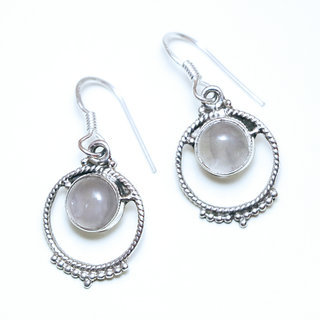 Bijoux Indiens Ethniques boucles d'oreilles argent 925 massif femme et pierre fine Quartz rose clair petites rondes filigranes perles ajoures ouvertes - Inde 149a