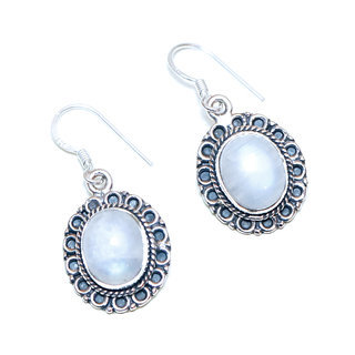 Bijoux Indiens Ethniques boucles d'oreilles argent 925 massif femme et pierre fine Pierre de Lune blanc nacr ovales filigranes - Inde 152a