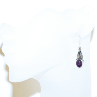 Bijoux Indiens Ethniques boucles d'oreilles argent 925 massif femme et pierre fine Amthyste violet mauve ovales filigranes - Inde 158b