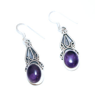 Bijoux Indiens Ethniques boucles d'oreilles argent 925 massif femme et pierre fine Amthyste violet mauve ovales filigranes - Inde 158a