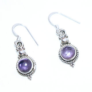 Bijoux Indiens Ethniques boucles d'oreilles argent 925 massif femme et pierre fine Amthyste violet mauve petites rondes filigranes - Inde 159a