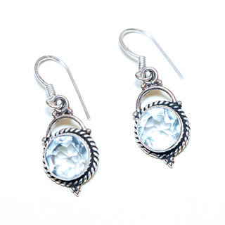 Bijoux Indiens Ethniques boucles d'oreilles argent 925 massif femme et pierre fine Topaze bleue claire facettes petites rondes filigranes - Inde 160b