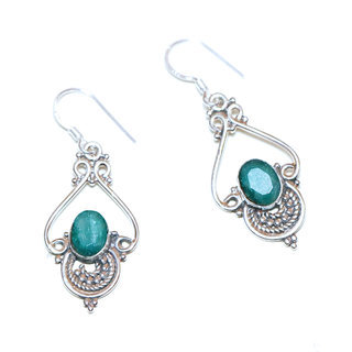 Bijoux Indiens Ethniques boucles d'oreilles argent 925 massif femme et pierre fine corindon Emeraude vert ovales filigranes facettes - Inde 165a