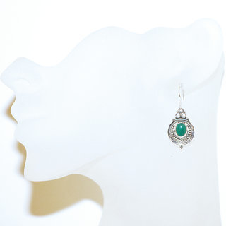 Bijoux Indiens Ethniques boucles d'oreilles argent 925 massif femme et pierre fine Agate verte ovale filigranes ronds perles - Inde 167b