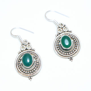 Bijoux Indiens Ethniques boucles d'oreilles argent 925 massif femme et pierre fine Agate verte ovale filigranes ronds perles - Inde 167a