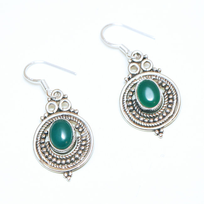 Boucles d'oreilles argent 925 ovales filigranes et Agate verte - Inde 167