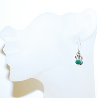 Bijoux Indiens Ethniques boucles d'oreilles argent 925 massif femme et pierre fine Agate verte Pridot ovale filigranes facettes - Inde 168b