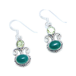 Bijoux Indiens Ethniques boucles d'oreilles argent 925 massif femme et pierre fine Agate verte Pridot ovale filigranes facettes - Inde 168a