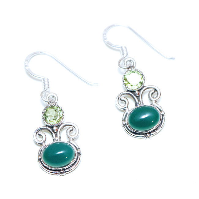 Boucles d'oreilles argent 925 ovales, Agate verte et Péridot - Inde 168