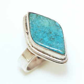 Bijoux ethniques indiens bague en argent 925 massif femme pierre fine Turquoise naturelle vritable losange - Npal 222a