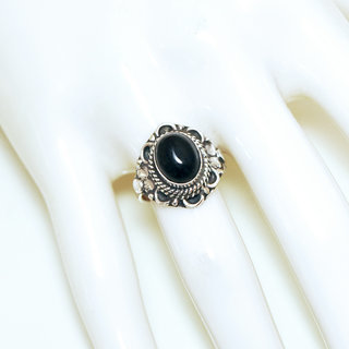 Bijoux ethniques Indiens bague en argent 925 massif femme pierre fine ovale filigranes Onyx noir fonc - Inde 329Sb