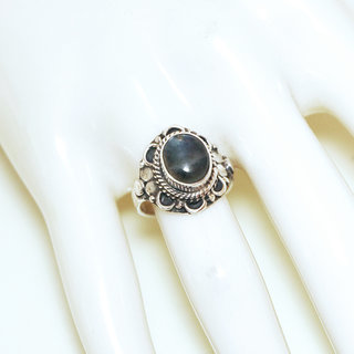 Bijoux ethniques Indiens bague en argent 925 massif femme pierre fine ovale filigranes Labradorite gris vert kaki - Inde 329Sb