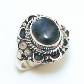 Bijoux ethniques Indiens bague en argent 925 massif femme pierre fine ovale filigranes Labradorite gris vert kaki - Inde 329Sa