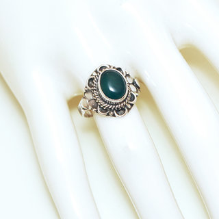 Bijoux ethniques Indiens bague en argent 925 massif femme pierre fine ovale filigranes Agate verte - Inde 329Sb