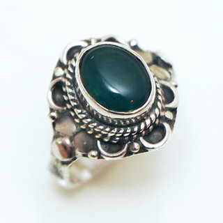 Bijoux ethniques Indiens bague en argent 925 massif femme pierre fine ovale filigranes Agate verte - Inde 329Sa