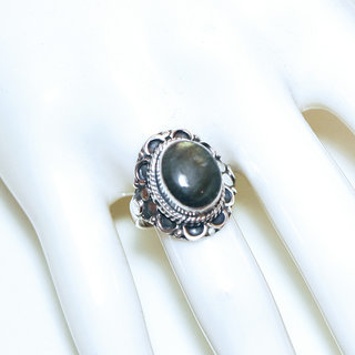 Bijoux ethniques Indiens bague en argent 925 massif femme pierre fine ovale filigranes Labradorite gris vert kaki - Inde 329Mb