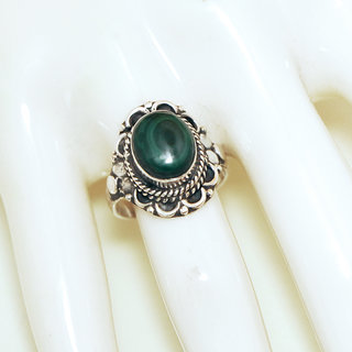 Bijoux ethniques Indiens bague en argent 925 massif femme pierre fine ovale filigranes Malachite vert fonc marbr - Inde 329Mb