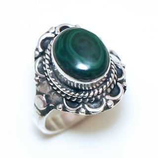 Bijoux ethniques Indiens bague en argent 925 massif femme pierre fine ovale filigranes Malachite vert fonc marbr - Inde 329Ma